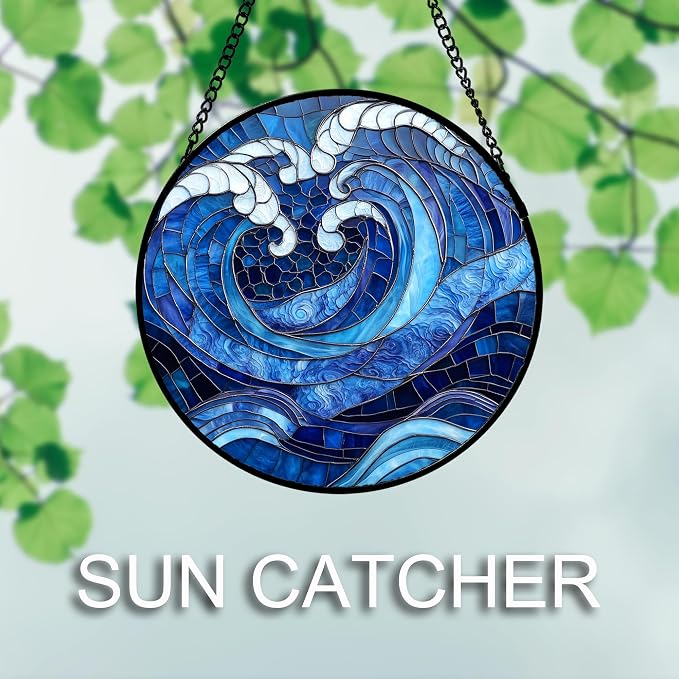DASTOLL Stained Glass Window Hanging 4 Pcs Set Blue Ocean Waves 9.8" - Image 5