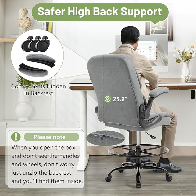 500LBS Drafting Chair, High Back Safer Standing Desk Chair, Executive Tall Office Chair with Flip-up Armrests, Upholstered Fabric Task Chair, Ergonomic Seat with Adjustable Height&Foot Ring, Grey