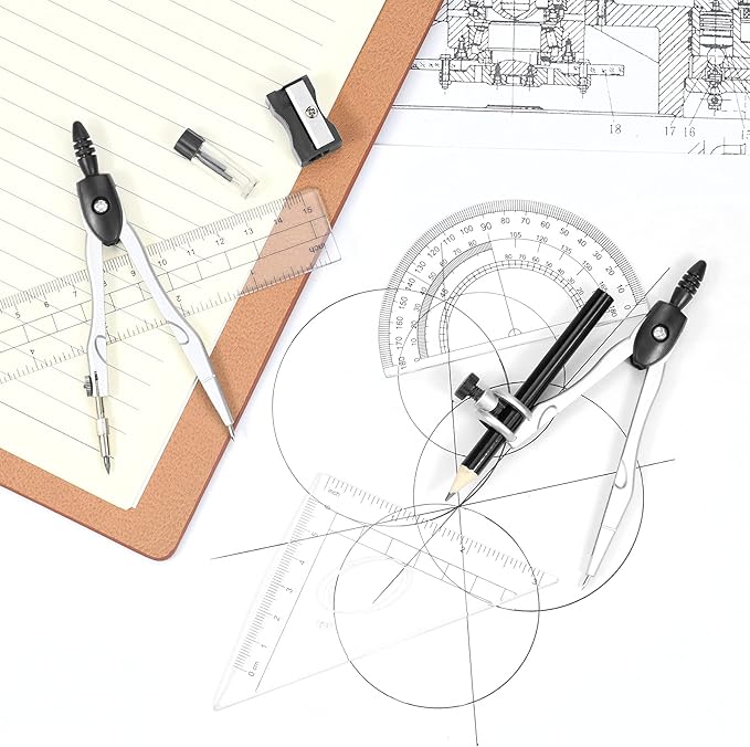 Math Geometry Kit Sets 10 Piece Student Supplies with Shatterproof Storage Box,Includes Rulers,Protractor,Compass,Eraser,Pencil Sharpener,Lead Refills,Pencil,for Drafting and Drawings（Black）