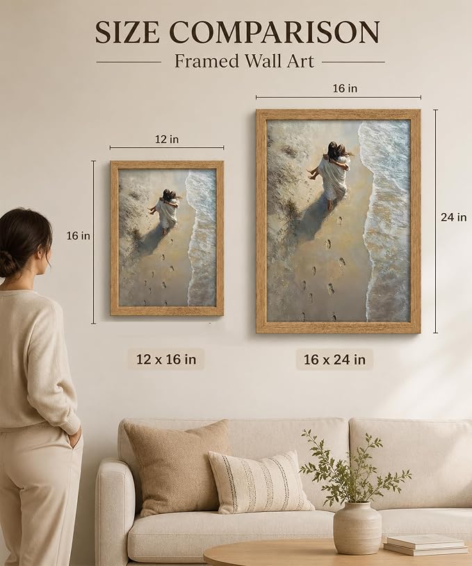 Framed Jesus Holding Woman Canvas Print Footprints in The Sand Wall Art Wood - Image 5