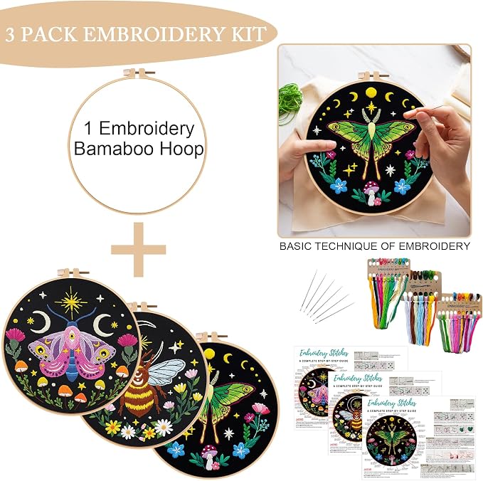 Nuberlic 3 Pack Embroidery Kit for Adults Beginners, Stamped Cross Stitch Moth - Image 3