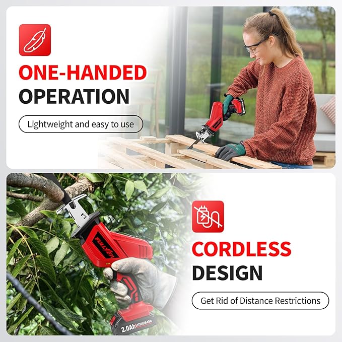 Reciprocating Saw Cordless, 0-3500SPM Power Reciprocating Saw with 2*2000mAh Battery & 4 Saw Blades, Tool-Free Blade Change, Variable Speed Reciprocating Saws for Woods/Metal/Plastic Cutting