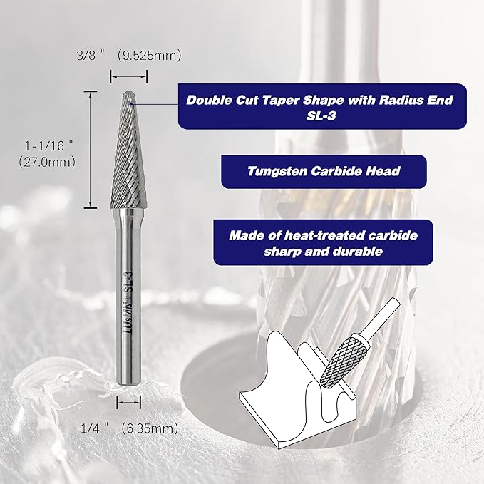 SL-3 Tungsten Carbide Burr Rotary File, Taper Shape Double Cut, 1pc by LU&MN