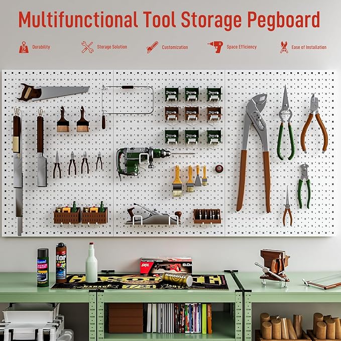 Peg Board, 2 Pack Metal Pegboard Panels Pegboards Wall Organizer with 12Pcs Hooks, Peg Board for Walls Garage Tool Storage Office Organization Kitchen Craft Room (White, 2PCS with 12 Hooks)
