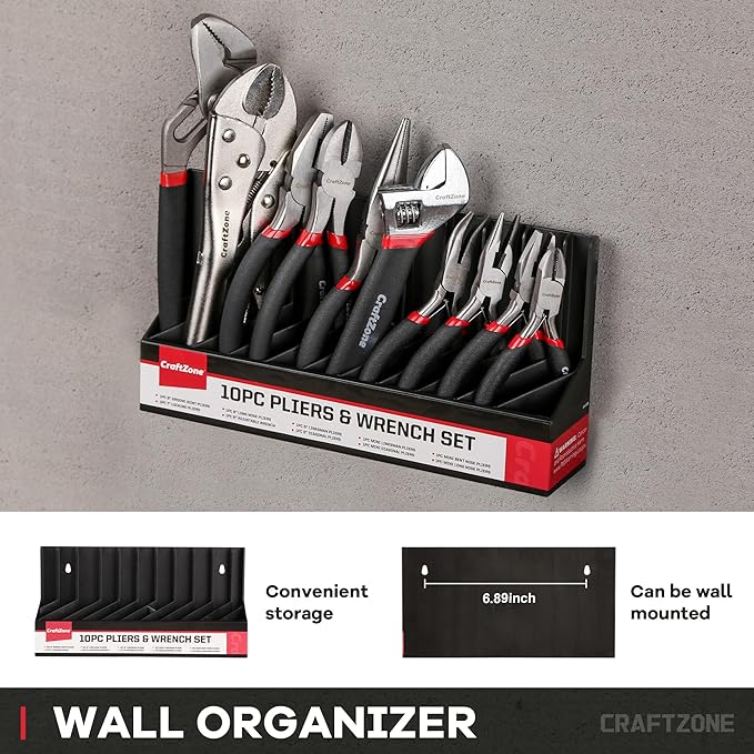 10PC Pliers and Wrench Set with Storage Rack – Includes Locking | Long Nose | Diagonal Cutter | Groove Joint | Linesman & Mini Plier ，High-Quality Carbon Steel Tool Kit for DIY and Home a Gift for Man