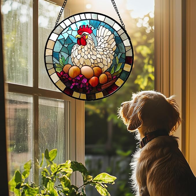 DASTOLL Stained Glass Window Hanging White Chicken Hatching Eggs 6.3" - Image 2