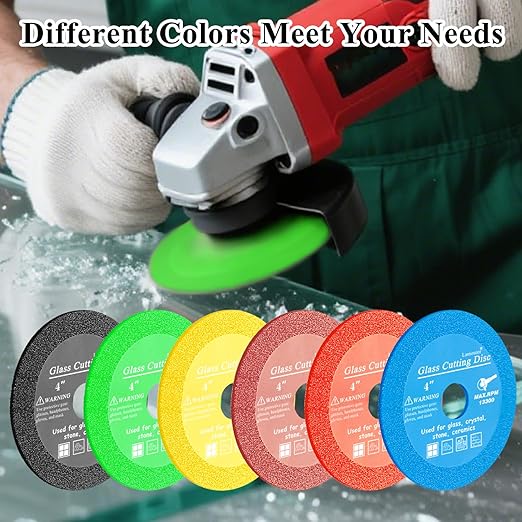 Lamoutor 6Pcs 4 Inch Glass Cutting Disc for Angle Grinder, Diamond Saw Blade, Tile Cutter Blade for Cutting Marble Glass Tile Jade Crystal（Green/Blue/Yellow/Black/Red/Orange）