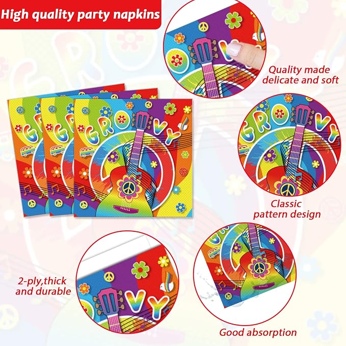 96 PCS 60’s Party Hippie Tableware Set Groovy Plates Napkins 60s Hippie Themed - Image 4