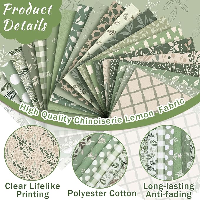 HunnmingRe 20 Pcs 10''x10'' Sage Green Quilting Fabric Square Greenery Precuts - Image 3