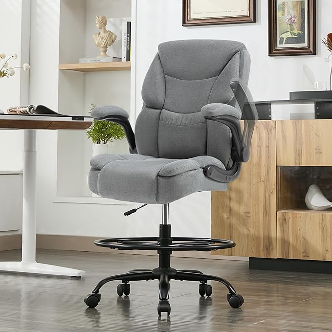 500LBS Drafting Chair, High Back Safer Standing Desk Chair, Executive Tall Office Chair with Flip-up Armrests, Upholstered Fabric Task Chair, Ergonomic Seat with Adjustable Height&Foot Ring, Grey