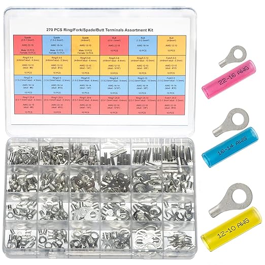 540PCS Separated Heat Shrink Wire Connectors Assortment Kit, 270PCS AWG 22-16 16-14 12-10 Non-Insulated Ring Fork Butt Spade Terminals, 270PCS 3:1 Dual-Wall Adhesive Lined Heat Shrink Tubings