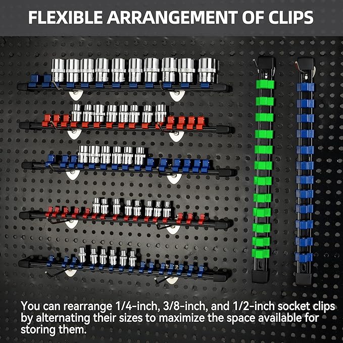 Socket Organizer Drive ABS Tools - Green Socket Holder, Premium Quality 6 Pieces Socket Holders Kit 1/4-Inch x 32 Clips, 3/8-Inch x 30 Clips, 1/2-Inch x 24 Clips（6PC,Green)