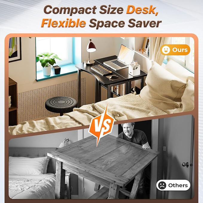 Huuger Folding Desk with Storage Shelf, 23.6 Inch Foldable Computer Table - Image 3
