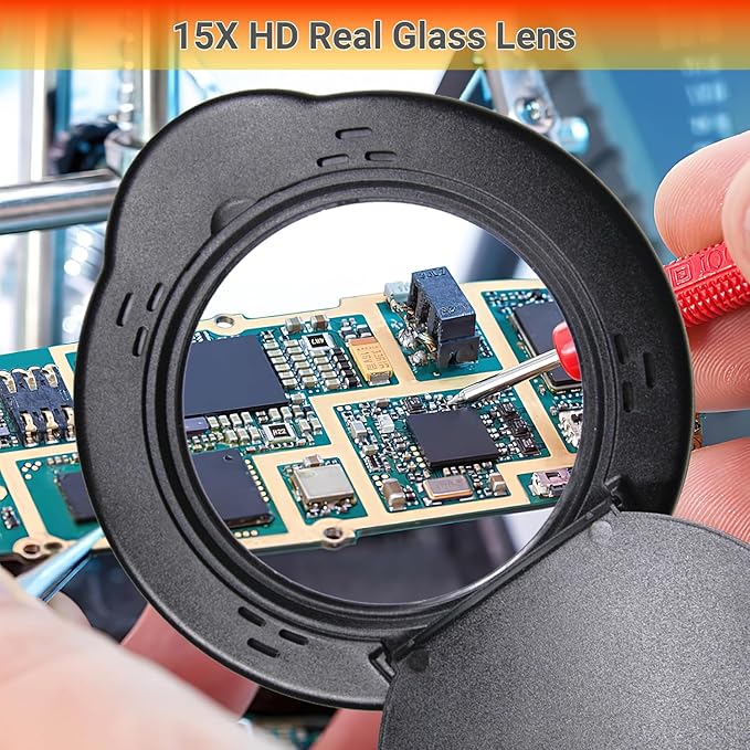 15X Magnifying Glass with Light, Real Glass Lens, 84 LEDs, 5 Color Modes, 10 Brightness Dimmable, Adjustable Swing Arm with Clamp, Hands-Free Magnifier for Reading, Crafts, Repair, Sewing, Close Work