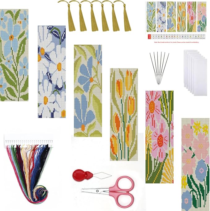 6PC Flowers Counted Cross Stitch Bookmark Kit by Paintcolordiamondpainting