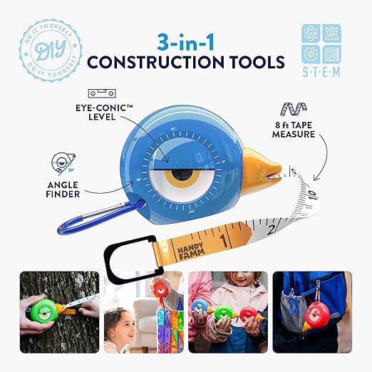 Handy Famm 8Ft Animal Shaped Kids Tape Measurer, Fun Level and Protractor Angle Finder, Educational Children's Tools, Small Measuring Tapes for Learning Early Math Skills, Ages 3 and up, Blue Bird