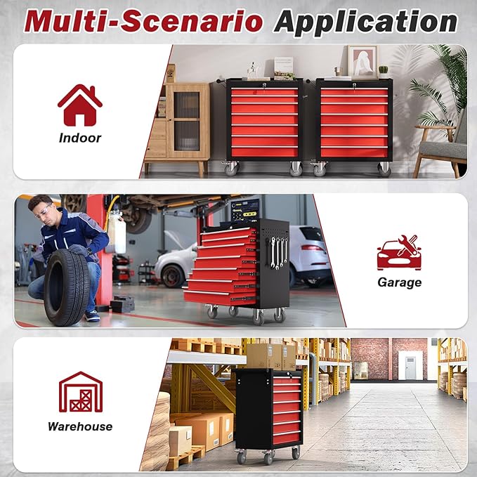 Rolling Tool Chest with Drawers, 7 Drawers Tool Chests & Cabinets, Metal Toolbox with Wheels, Lockable Storage Cabinet, Garage Tool Box with Drawers (BlackRed, 7 Drawers)