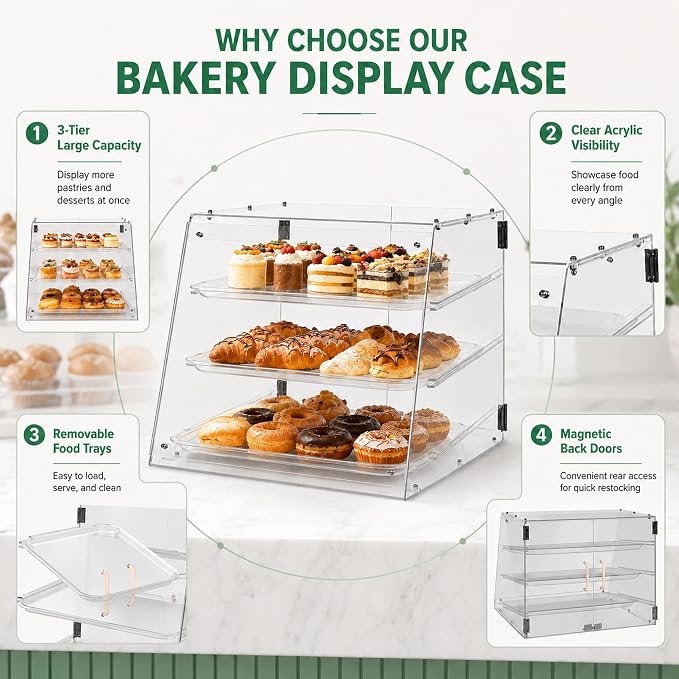 YBSVO 3-Tier Commercial Bakery Display Case | Countertop Pastry Showcase - Image 2