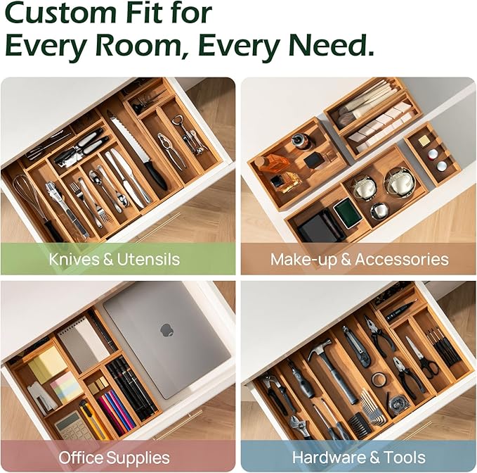 6-Piece Bamboo Drawer Organizer Set, 2.2" Deep | Multi-Use Organizers for Utensils, Silverware, Cutlery, Desk, Bathroom, Junk Drawer & Makeup, Non-Slip Feet Included.