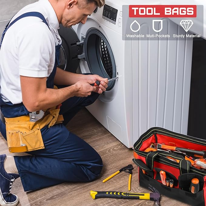 4 Pieces Tool Bag with Waterproof Strong Molded Base Multi Pockets Wide Mouth Tool Tote Multifunctional Tool Bag Large Capacity Organizer Heavy Duty Tool Storage Bag (Red,13 Inch)