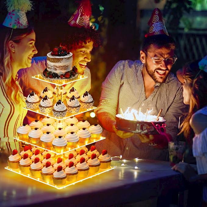 YestBuy Cupcake Stand with Yellow LED Lights, 4 Tier Cupcake Stand - Image 2