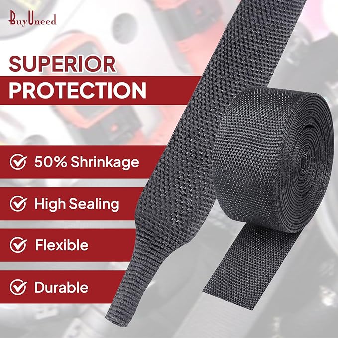 Heat Shrink Wire Loom 2:1 Shrinkable Braided Cable Sleeve 1/2 Inch ID-46ft Abrasion Protection Flexibility Fabric Wiring Harness Cover Sheath