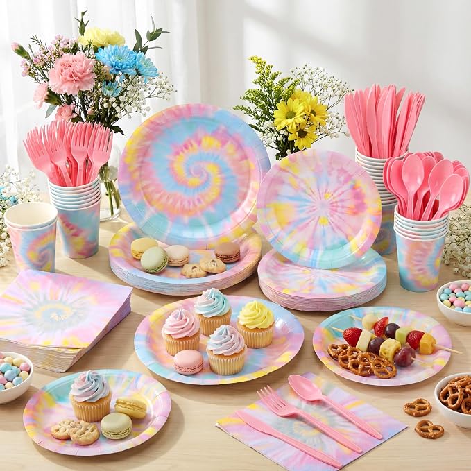 Pickmesh 400 Pcs Tie Dye Party Supplies Set Pastel Include Disposable Paper - Image 4