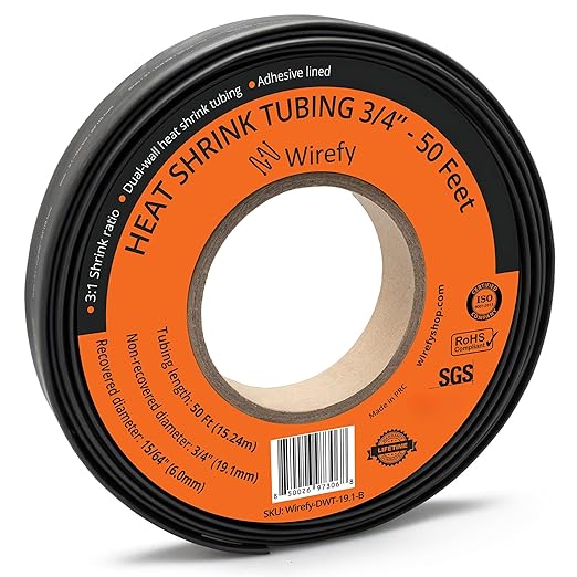 Wirefy 3/4" Heat Shrink Tubing - Large Diameter - 3:1 Ratio - Adhesive Lined - Industrial Heat-Shrink Tubing - Black - 50 Feet Roll