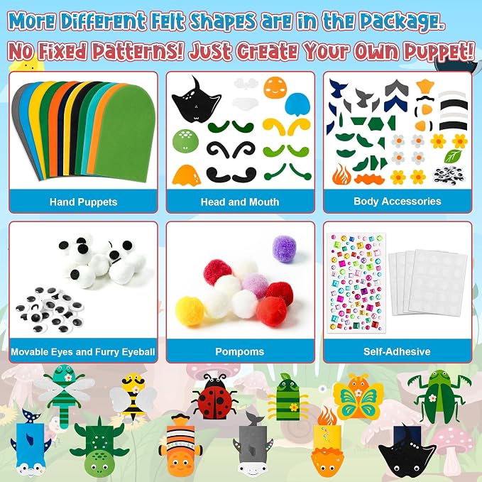 WATINC 12Pcs Hand Puppet Making Kit, Art Craft Felt Sock Puppet Toys, Creative - Image 3