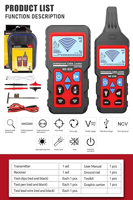 NF-826 Underground Wire Locator Circuit Tracker 12-400V AC/DC, locates Circuit Breakers, fuses, Wires, Short Circuits, Open Circuits, Ceiling/Wall/Dog Fence Cables, Irrigation Control Lines