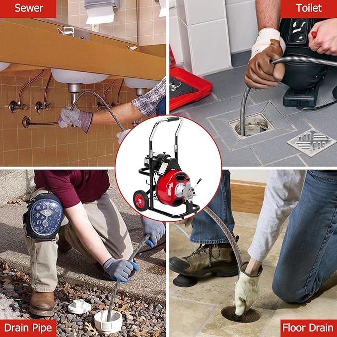 75 FT x 3/8 Inch Drain Cleaner Machine with 250W Motor, Auto Feed Sewer Snake Auger with 8 Cutters & Air-activated Foot Switch, Semi-Enclosed Drum Drain Cleaning Tool for 2" to 4" Pipes