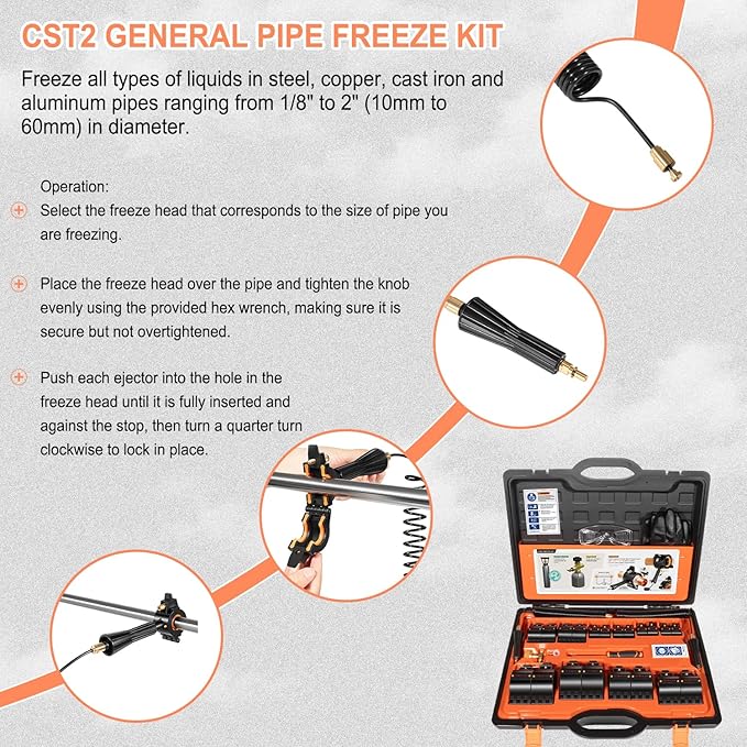 CST2 General Pipe Freeze Kit, Tube Wire Plumbing Freezing, Freezes Pipes From 1/8 Inch to 2 Inch, Water Line Repair Tool Kit, Replacement For Cold Shot Pipe Freeze Kit