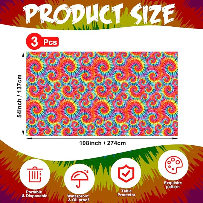 Newwiee Tie Dye Tablecloth Rainbow Table Cloth 54 x 108 Inch Plastic Rectangle - Image 3