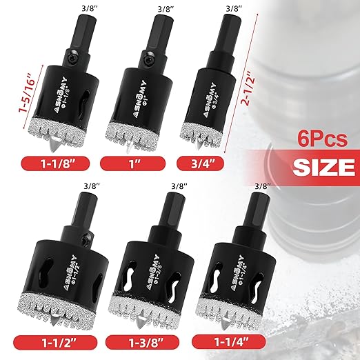 ASNOMY 8Pcs Diamond Hole Saw with Pilot Drill Bit Set, 3/4"-1-1/2" Serrated Brazing Tile Hole Saw Diamond Core Drill Bits with Guiding Bit for Ceramic Porcelain Tile Glass Stone Granite Marble