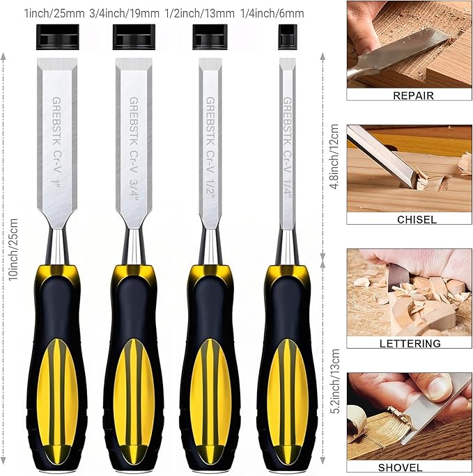 GREBSTK 4-Piece Ultra-Sharp Wood Chisel Set, CR-V Steel Beveled Blades - Image 2