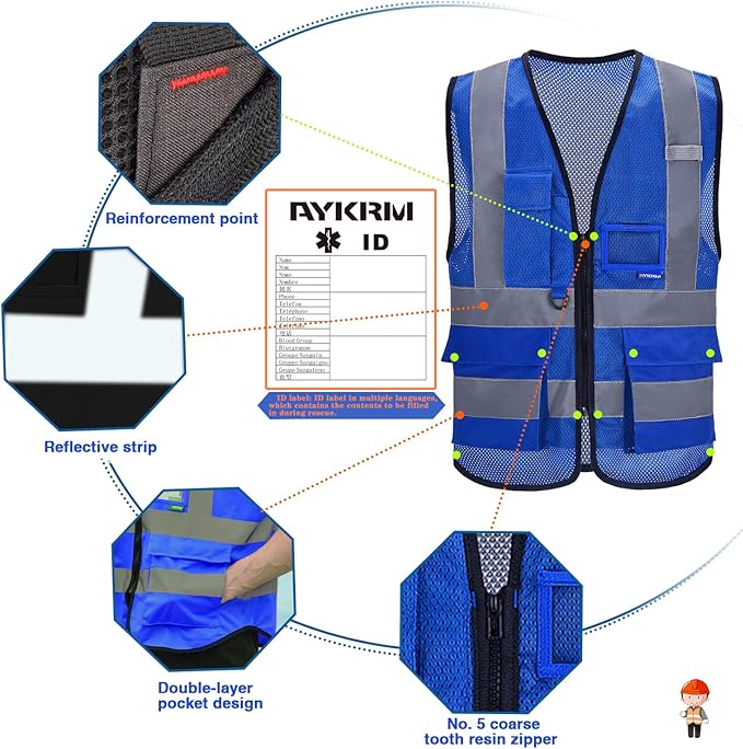 A-SAFETY High Visibility Mesh Safety Reflective Vest with Pockets and Zipper,Hi Viz Work Vest for Men Women (Blue Mesh 4XL-5XL)
