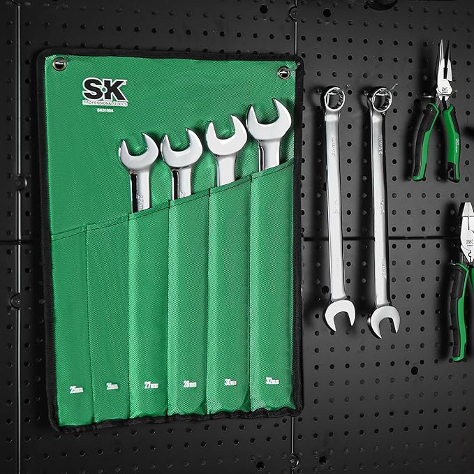 SK Long Pattern Combination Wrench Set, Metric 25 to 32mm, 6-Piece, SuperKrome Finish, Premium CR-V Construction, with Rolling Pouch