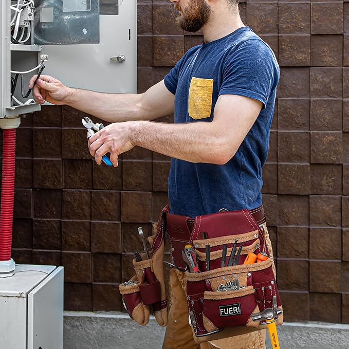 FUERI Leather Tool Belt Bag Men Pouch Heavy Duty Tools Pouches Organizer for Carpenter Construction Electrician Belts Bags Holder (16 Pocket Maroon, Adjustable)