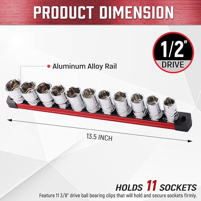 ALOANES 1/2-Inch Drive Magnetic Socket Organizer, Heavy Duty Aluminum Socket Rails, 11 Stainless Clips (Red)