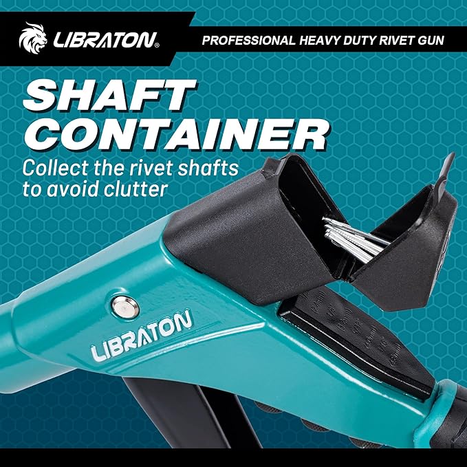 LIBRATON Professional Heavy Duty Rivet Gun, One-Handed Pop Rivet Gun Set, Robust Riveter with Shaft Container, Manual Riveting Tool, Tool-Free Interchangeable Heads, for Metal, Wood and Plastic