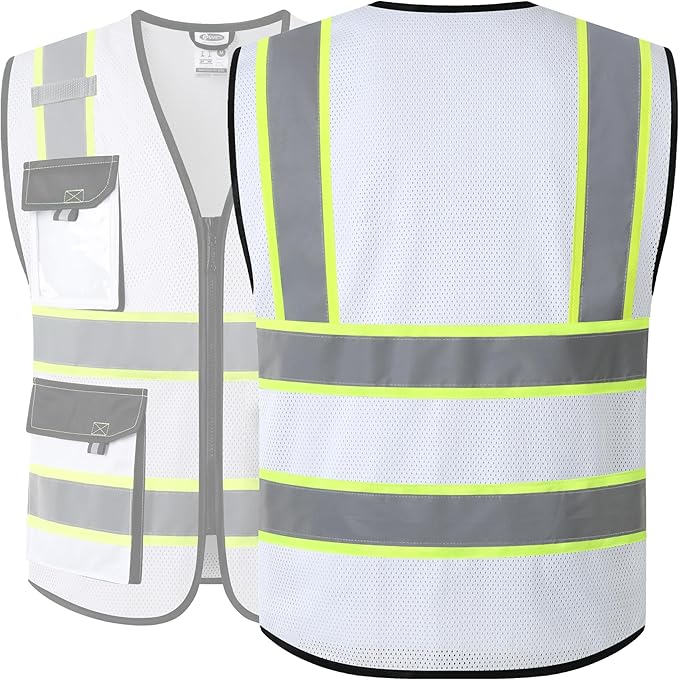 JKSafety Hi Vis Reflective Safety Vests for Men Women High Visibility Vest with Pockets Mesh Fabric Construction Safety Apparel Neon Vest for Work (220-White XL)