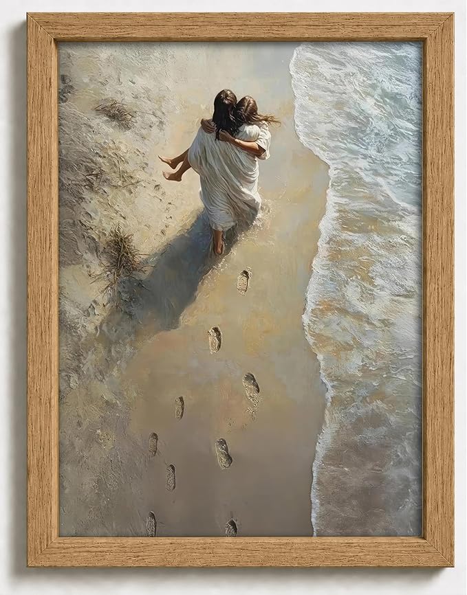 Framed Jesus Holding Woman Canvas Print Footprints in The Sand Wall Art Wood by YOXORDQwallart