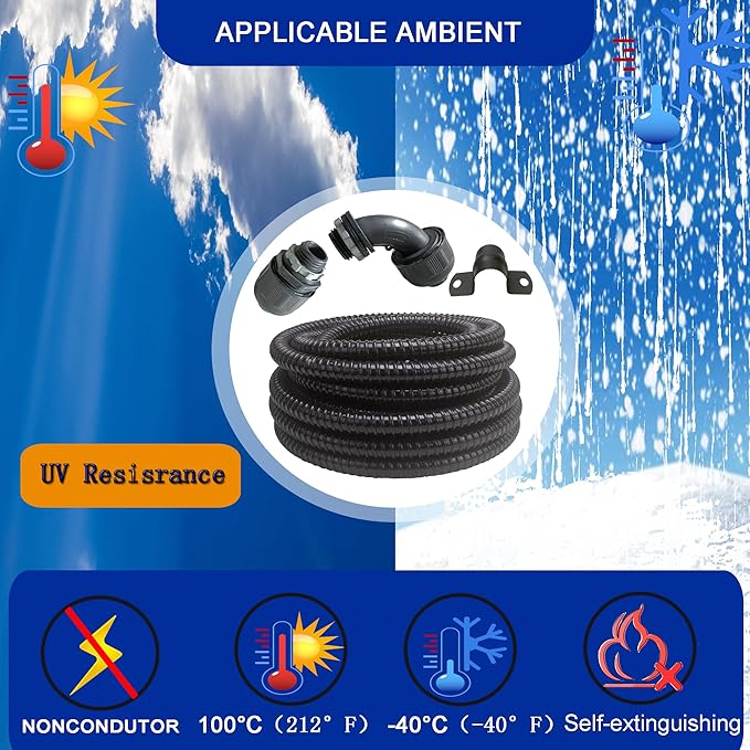 (1/2" Dia * 25 Feet) Yariwiz Black Special Extra Flexible Electrical Conduit Liquid Tight PVC Conduit Kit with 3 PCS Coupling, 3 PCS Elbow and 7 PCS Strap, Sealtight Seal Flex Liquidtight Wire