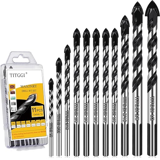 11PCS Masonry Drill Bit Set & Concrete Drill Bit Set 1/8"-1/2" Industrial Strength Carbide Drill Bit Tip for Glass/Brick/Plastic/Cement/Wood/Tile/Etc, by TITGGI