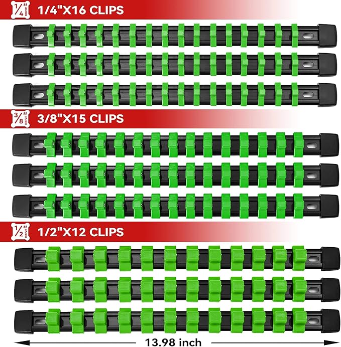 ALOANES 9 PC ABS Socket Organizer, 1/2 inch, 3/8 inch and 1/4 inch Drive Socket Rail Holders, Heavy Duty Socket Racks, Black Rails with Green Clips
