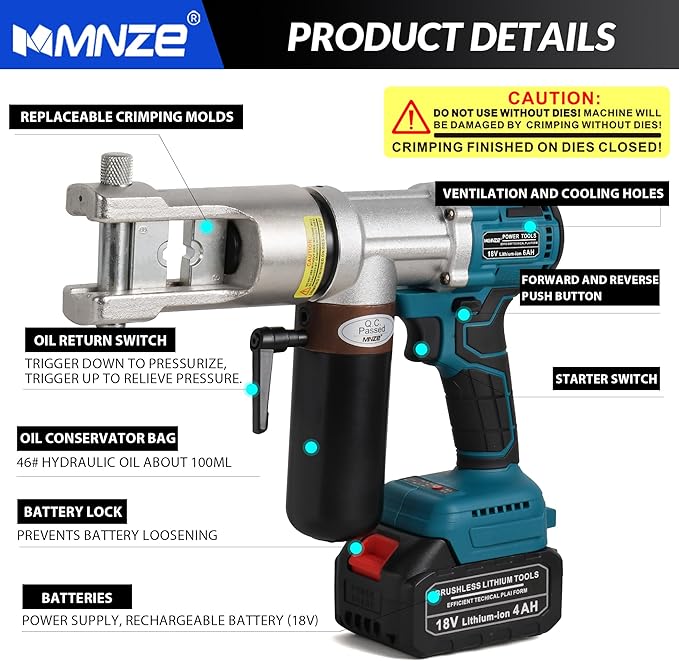 Electric Hydraulic Cable Lug Crimping Tool 8 AWG to 500 MCM Rechargeable Hydraulic Electrical Terminal Cable Lug Wire Crimping Crimper Tool Kits with 11 Dies