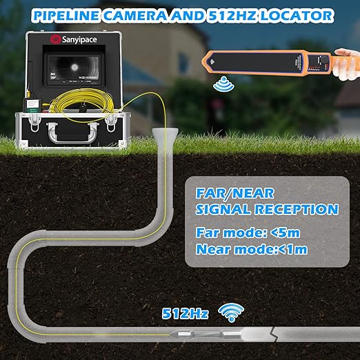 Sanyipace Sewer Camera with Locator 100 FT/30 M, Drain Pipe Inspection Camera with Detector, Waterproof Cámara Probe w/h 512Hz Transmitter, Distance Counter, 9" Color Screen, 16GB TF Card, 5mm Cable