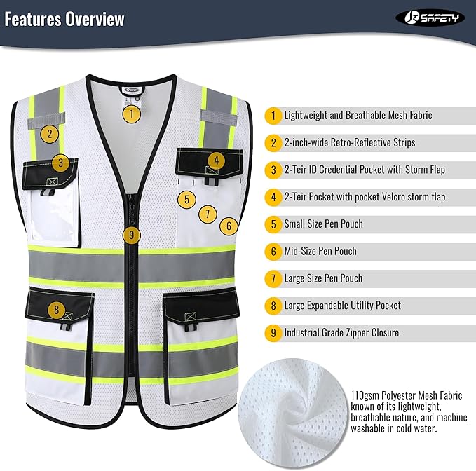 JKSafety Hi Vis Reflective Safety Vests for Men Women High Visibility Vest with Pockets Mesh Fabric Construction Safety Apparel Neon Vest for Work (220-White XXL)