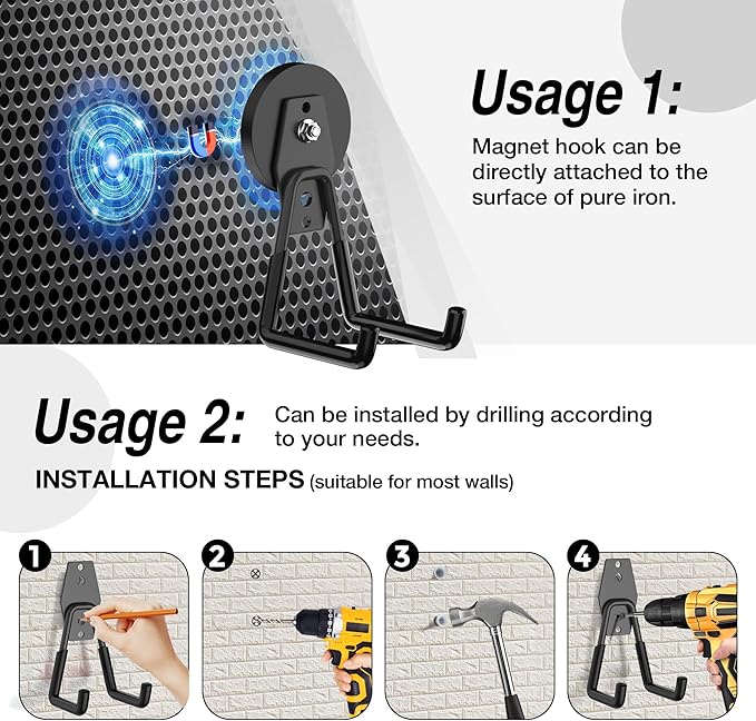 Heavy Duty Storage Magnetic Utility Hooks Large Garage Strong Extra Magnet Hooks Hanger with Anti-Slip Coating Heavy Duty Magnetic Hooks for Hanging Power Dril Garage Garden Tools 2 Pack Black