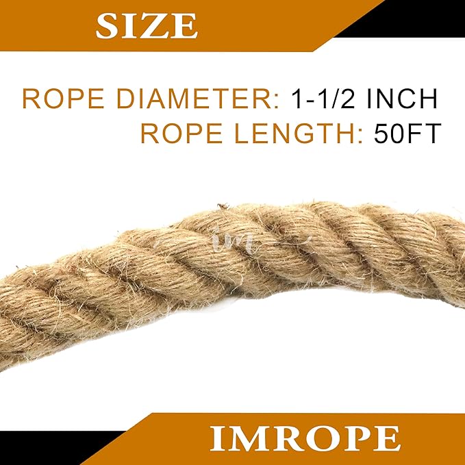 Natural Jute Rope, 1.5 Inch Diameter, 50 Ft Long, 4 Strand, DIY Arts & Crafts, Garden & Home Decor, Hammock & Tug of War Rope